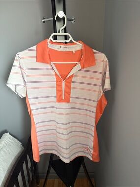 Lopez Coral and White Striped Short Sleeve Polo Top